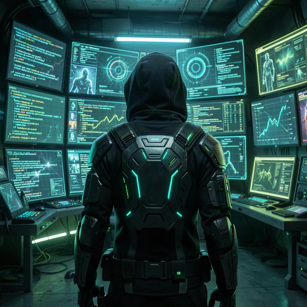 A developer facing a wall of glowing screens